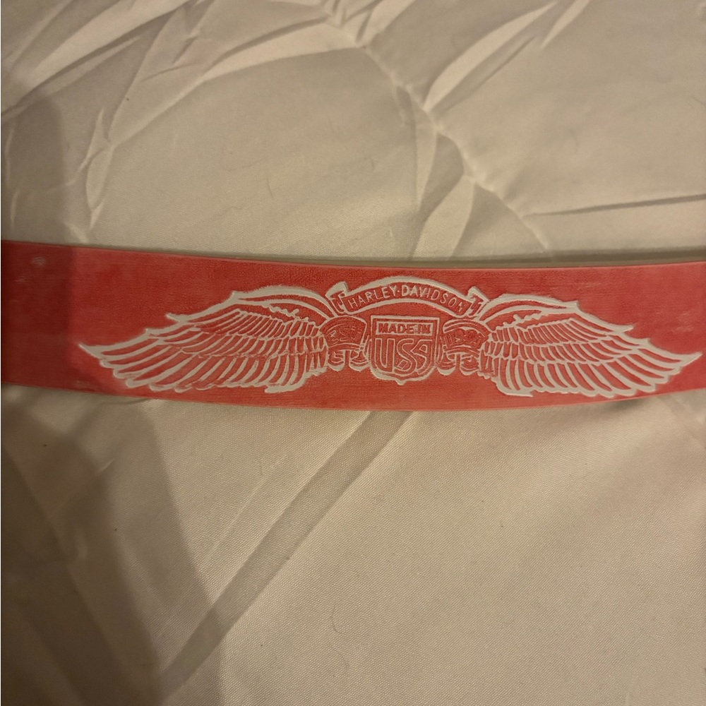 Harley-Davidson Coral Pink Leather Belt with White Logo appr. 36” long NWT